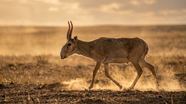 Unique wildlife shot of a saiga antelope in dusty steppe environment during golden hour with atmospheric lighting.