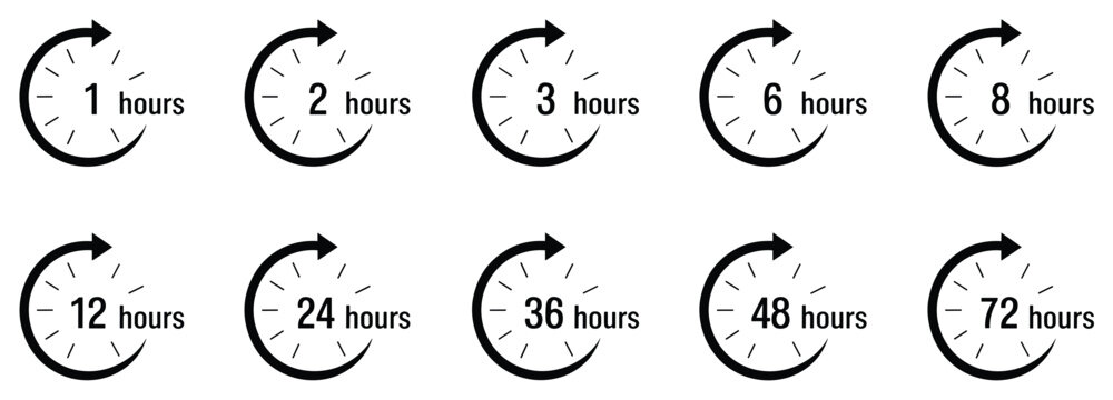 Time's Passage: Clock faces illustrate time increments. time intervals, hour symbols, temporal duration, clock hands, circular form.