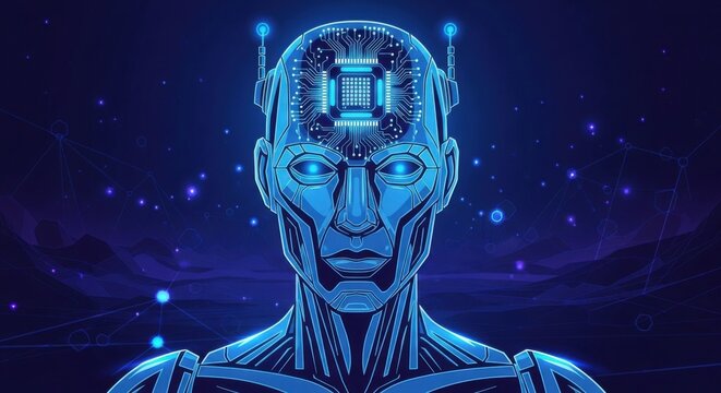 cybernetic humanoid robot with glowing blue circuits