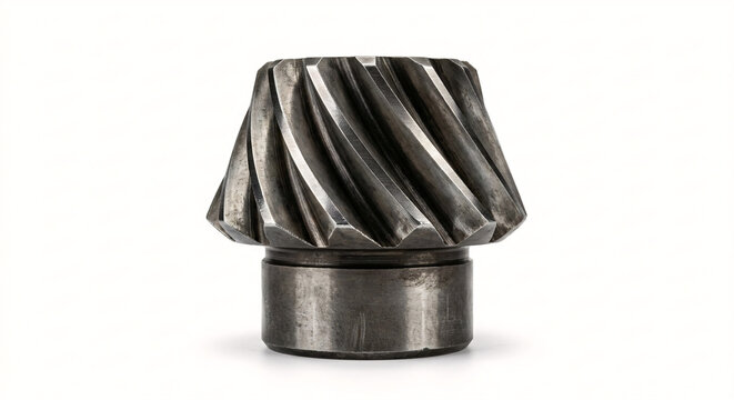 Macro of a heavy-duty forged steel pinion gear for a 4x4 locking differential. Spiral bevel teeth, isolated on white.