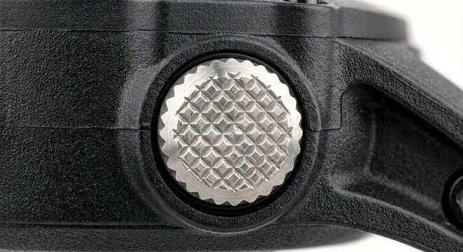 Macro of a knurled stainless steel tactile button on a rugged matte black GPS sports watch casing. Isolated on white.
