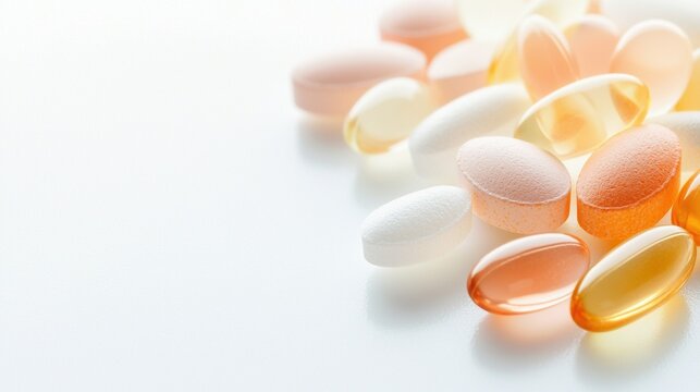 Vitamin Capsule and Pill Handful of colorful vitamins and supplements, white background, symbolizes healthy lifestyle and well being