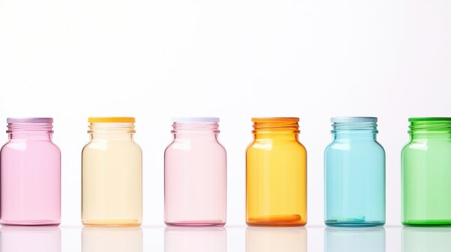 Vitamin Bottle Icon Row of vitamin bottles in different sizes and colors, white background, represents a variety of health supplements