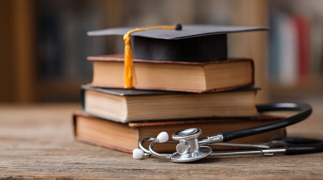Graduation cap rests atop a stack of vintage books next to a professional medical stethoscope on a wooden table.