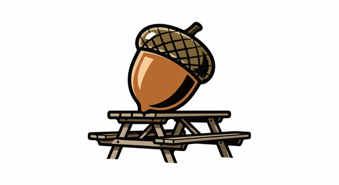 Giant acorn rests atop a wooden picnic table