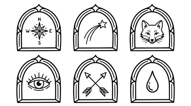 This enchanting image presents six mystical icons, featuring a fox and celestial elements, enclosed within decorative frames, evoking a sense of whimsy and magic.