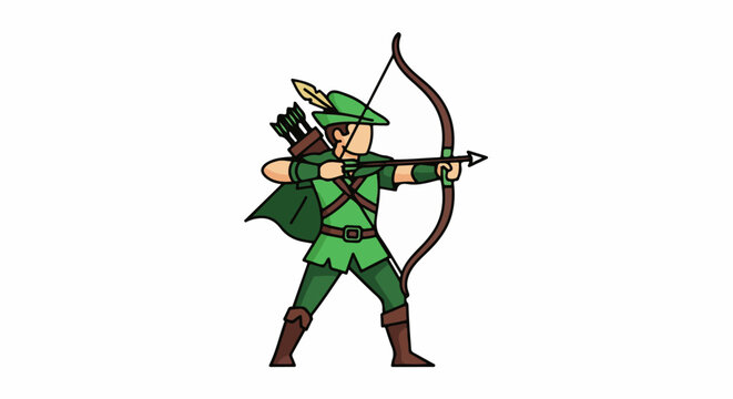 Cartoon archer in green tunic and hat aiming bow