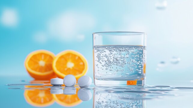 Vitamin Effervescent Tablet and Glass of Water Glass of water with a dissolved effervescent tablet, orange slices in the background, represents vitamin C and its benefits