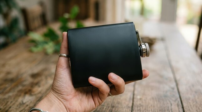 Hand holding a black metal hip flask with silver cap