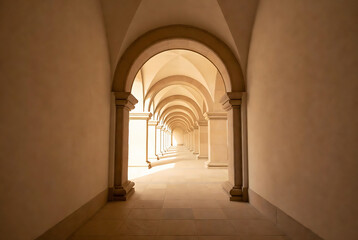 Fototapeta premium A long, arched corridor with columns leads into a distant light.