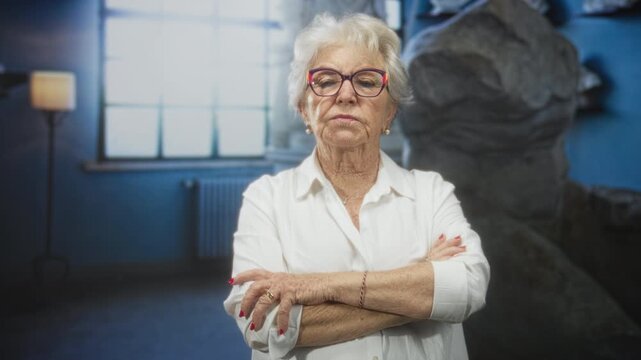 Elderly woman with crossed arms and pointing finger, wearing glasses and white shirt, standing by window and floor lamp in studio; stern disapproval.