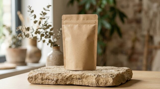 Kraft stand up pouch mockup on natural stone with plant