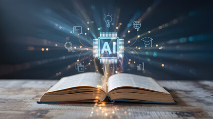 Obraz premium Artificial intelligence emerges from an open book with glowing digital icons on a rustic wooden surface
