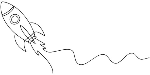rocket ship continuous one line drawing, One line drawing of rocket ship launching upward with exhaust trails © Line sA