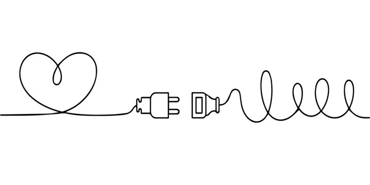 power cord connecting to a wall socket continuous one line drawing, Plug inserted into electric outlet in continuous line art drawing style. Power plug and socket minimalist black linear sketch 