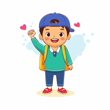 Happy Boy with Backpack and Fist Pump