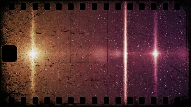 Two adjacent damaged filmstrip frames showing sprocket holes, heavy film grain, scratches and dust with warm orange and purple light leaks across aged celluloid