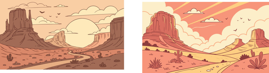 Retro Style Desert Landscape Illustration Featuring Sandstone Buttes, Canyons, and Cactus Under a Sunlit Sky © SABIHA