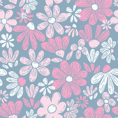 Obraz premium A seamless repeating pattern featuring charming hand-drawn flowers in soft pink and white tones set against a muted blue background. Playful, organic shapes and textured linework.