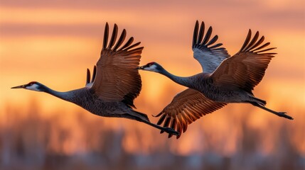Fototapeta premium Two sandhill cranes fly gracefully against a vibrant orange sunset sky.