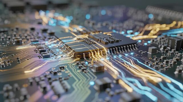 Extreme close-up of a microprocessor chip on a printed circuit board, showing glowing conductive traces, SMD components, soldered pins and intricate electronic pathways