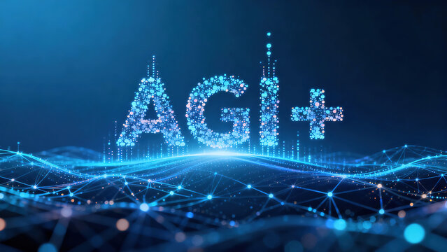 A commercial poster for Artificial General Intelligence (AGI) features a futuristic style, flowing light particles and artificial neural networks, with the "AGI+" lettering composed of data particles.