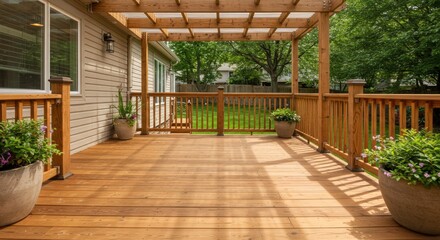 Fototapeta premium Wooden deck with planters and pergola.