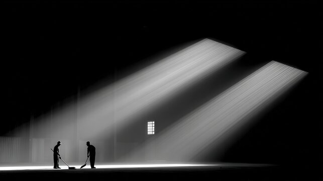 Silhouette workers stand in a dark warehouse illuminated by dramatic shafts of light streaming through overhead windows.