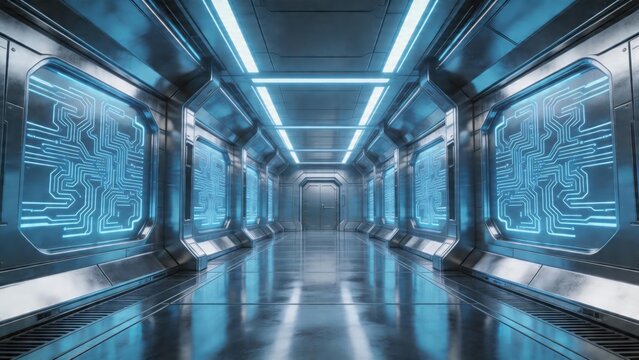Futuristic corridor with glowing circuit panels