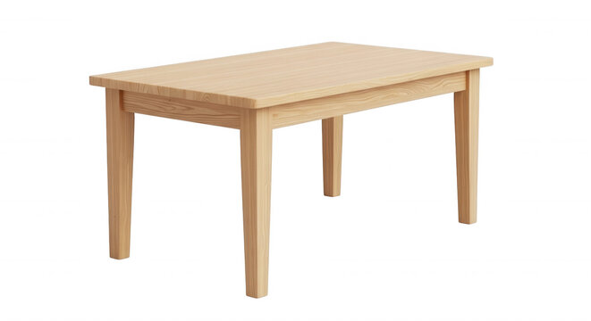 Rectangular wooden dining table with a light natural grain finish, isolated on a solid black background, four-legged furniture piece