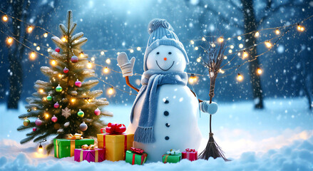 Obraz premium Cute smiling snowman with christmas tree and colorful presents in snowy winter forest holiday scene