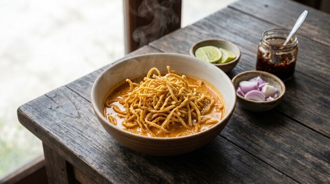 Authentic Khao Soi Northern Thai Curry Noodles with Crispy Topping and Chili Oil - Famous Chiang Mai Street Food
