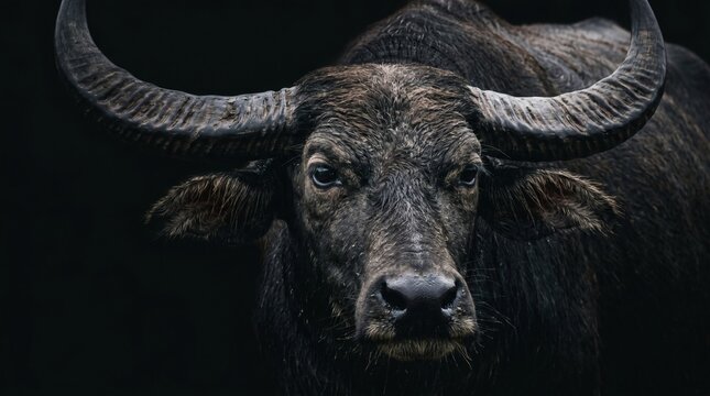 Dramatic close-up portrait of carabao with strong horns in dark background