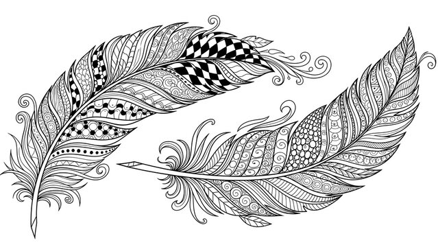 Artistic black and white illustration of two detailed feathers in a zentangle pattern style