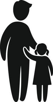 Father holds hand of daughter, family silhouette, togetherness, love, childhood, parent care, protective dad symbol, loving parenting icon, happy family relationship.