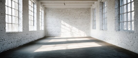 Fototapeta premium Empty industrial loft space with large windows and natural light streaming in.
