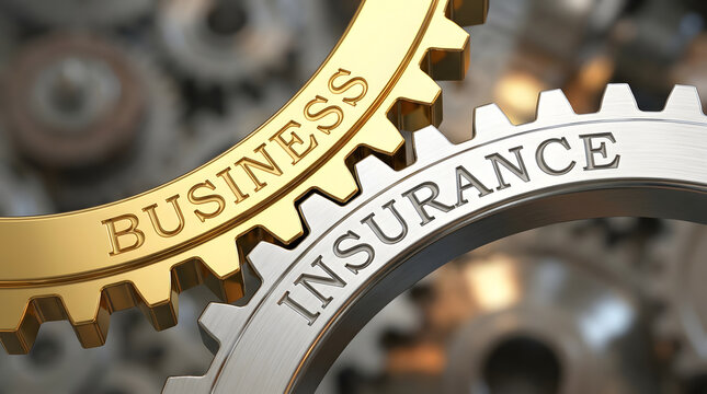 Gold and silver gears interlocking with text business insurance