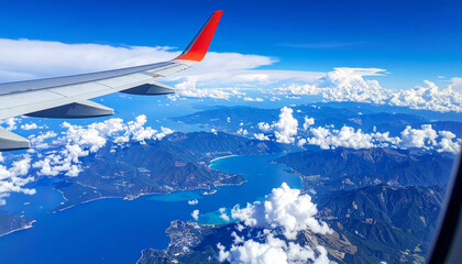 Fototapeta premium Airplane window view featuring colorful random scenery background