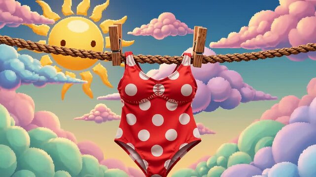 Whimsical summer scene of a red polka-dot one-piece swimsuit hanging from a clothesline with wooden clothespins against pastel fluffy clouds and a smiling sun