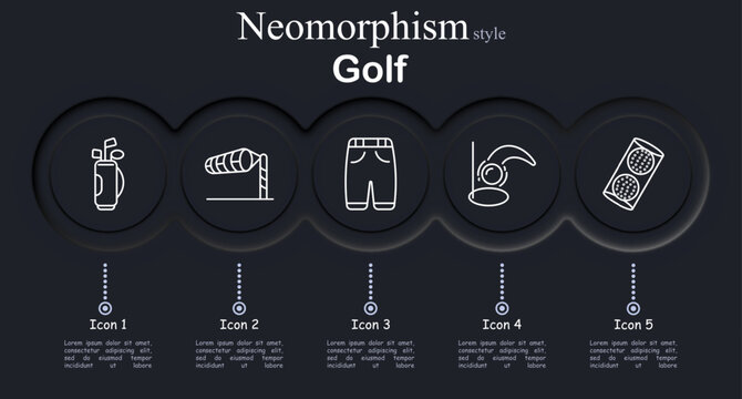 Golf set icon. Neomorphic circular interface line icons with golf bag clubs, practice net frame, golf shorts clothing, ball putting hole swing line, golf balls package box
