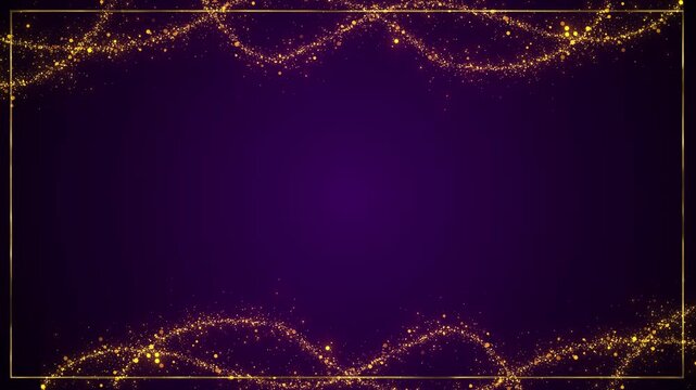 Purple gold glitter frame background sparkling wave borders, copy space, elegant luxury glow. wedding videos, festive invitations, premium titles, celebration anniversary greetings, event graphics.