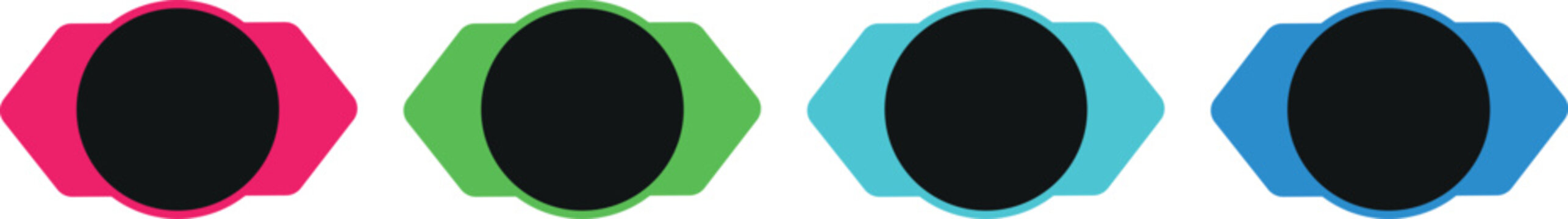 A set of circular icon frames mounted on colored geometric hexagonal backgrounds perfect for modern web icons or infographic markers