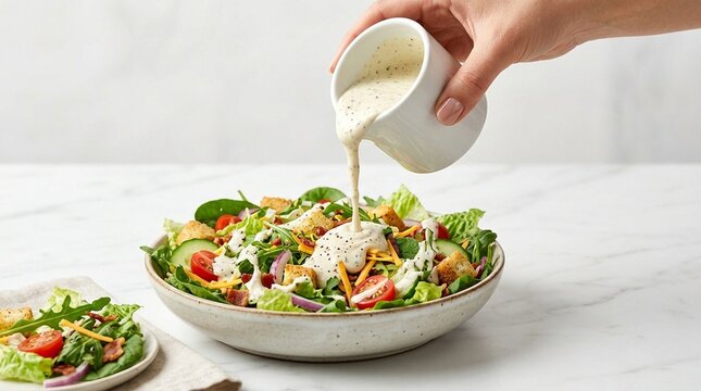 Ranch Dressing Drizzle Vivid Creamy Ranch Pouring From Cup Over Salad Action Close 45-Degree Hero Angle Classic Fast Food Photography
