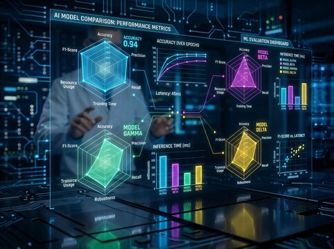 A futuristic AI dashboard with intricate data visualization and a person interacting with it. The dashboard presents complex data analysis in a user-friendly way