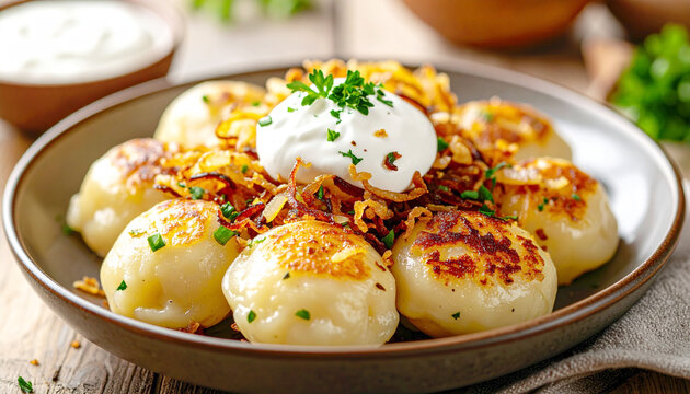 Haluska dumplings with sour cream and fried onions, traditional Ukrainian cuisine. AI