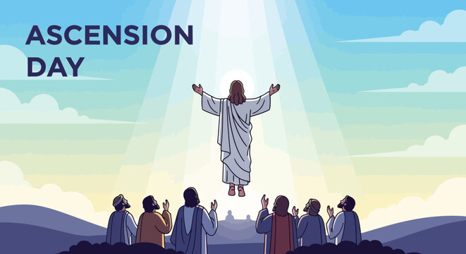 Illustration depicting a spiritual figure's majestic ascent into the heavens, enveloped in divine light, with devoted followers witnessing the sacred moment below