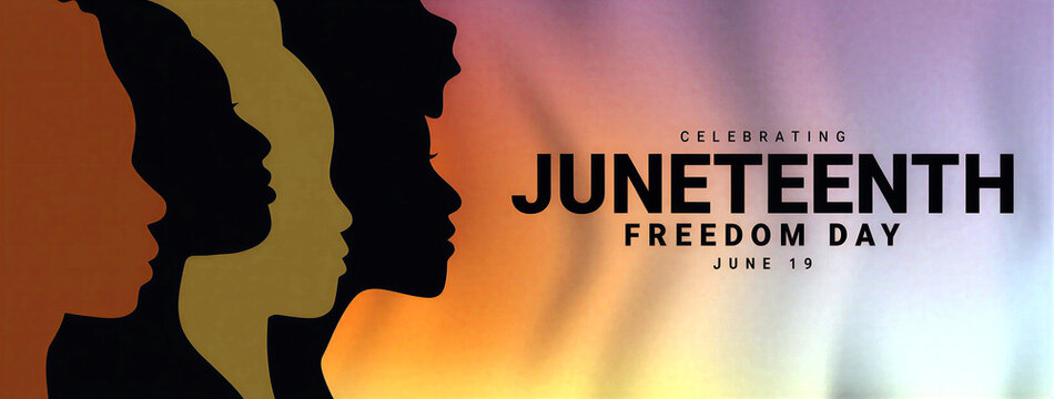 Juneteenth freedom day celebration with artistic silhouettes of faces in warm gradient colors