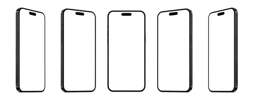 set of black mobile phone or smartphone frames from various angles with blank empty white display isolated on white or transparent png