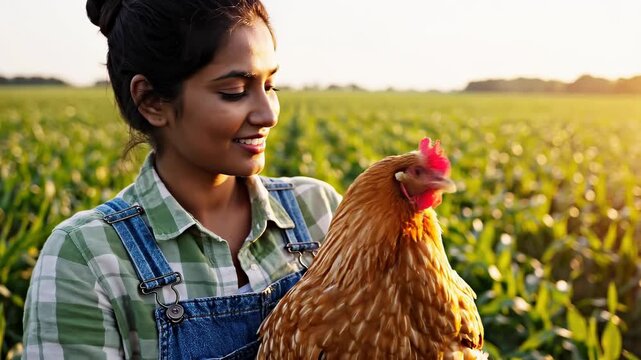 Young female farmer in denim overalls holding a brown hen in a green cornfield during golden hour sunset, smiling as sunlight illuminates a rural poultry farming scene