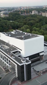 An aerial view of the Maxim Gorky Academic Drama Theatre, an example of constructivist architecture in Rostov-on-Don
